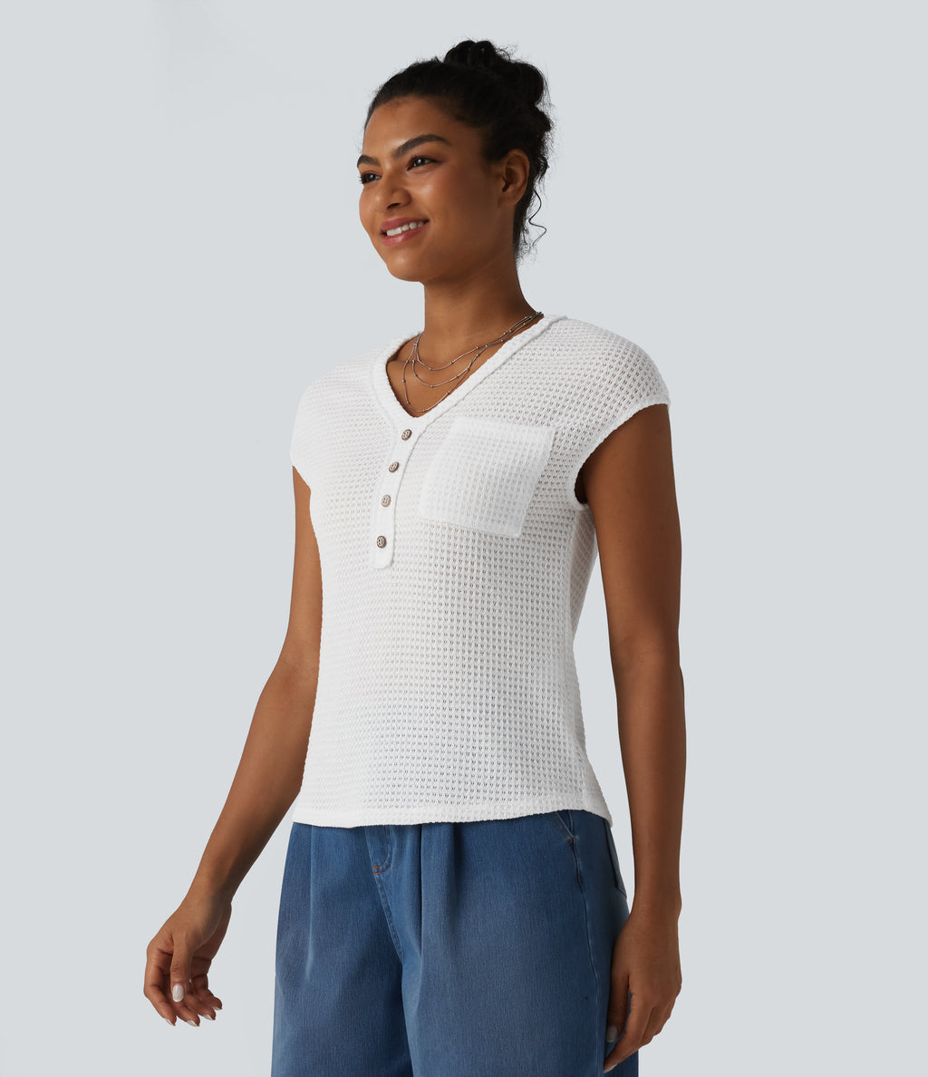 V-neck Cap Sleeve Waffle Casual Top with Pocket — White — view 3