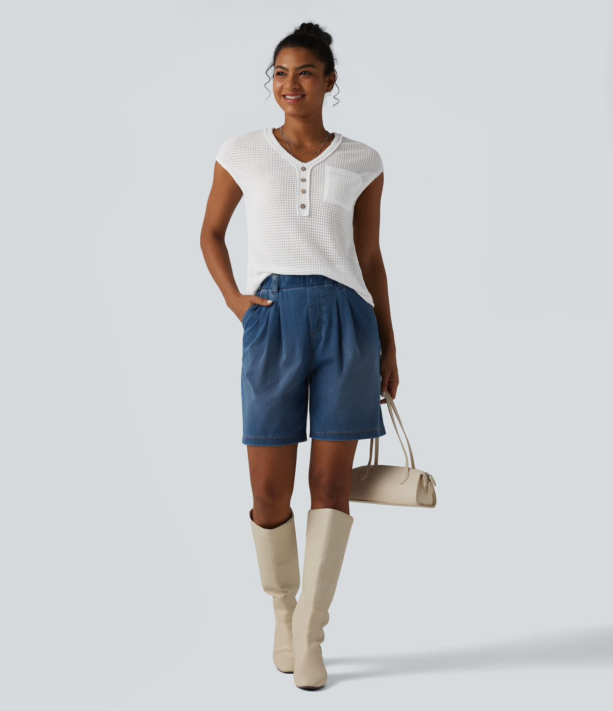 V-neck Cap Sleeve Waffle Casual Top with Pocket — White — view 5