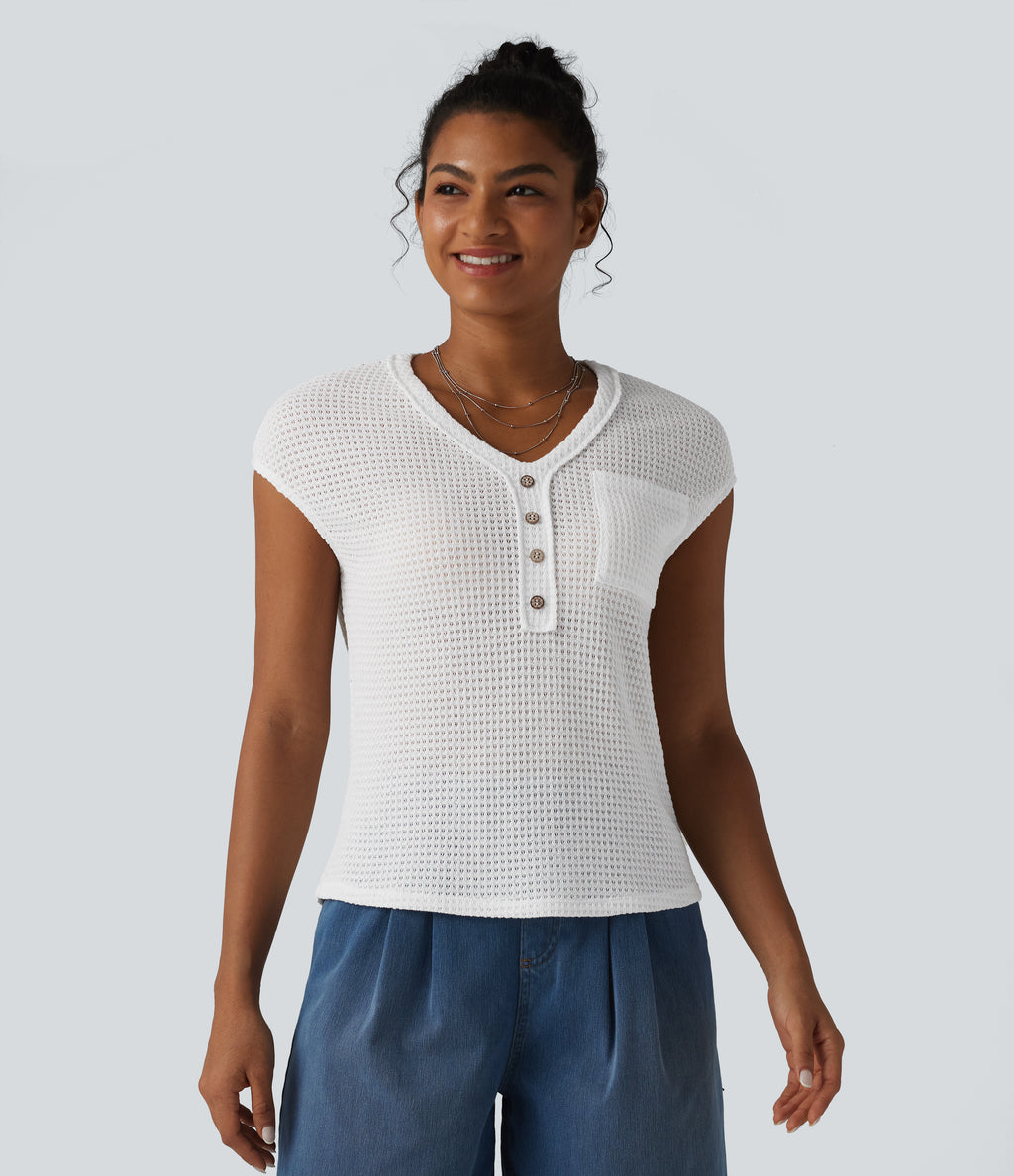 V-neck Cap Sleeve Waffle Casual Top with Pocket — White — view 4