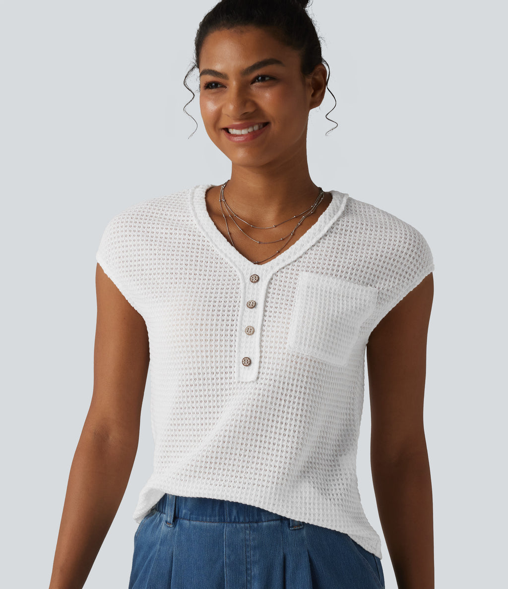 V-neck Cap Sleeve Waffle Casual Top with Pocket — White — view 1