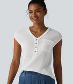 V-neck Cap Sleeve Waffle Casual Top with Pocket — White — view 1