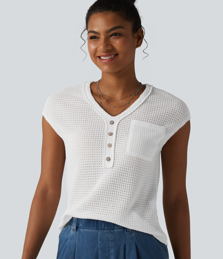 V-neck Cap Sleeve Waffle Casual Top with Pocket — White — view 1