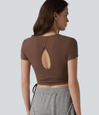 Cotton Jersey Round Neck Drawstring Ruched Keyhole Back Casual T-Shirt — Pinecone — view 1