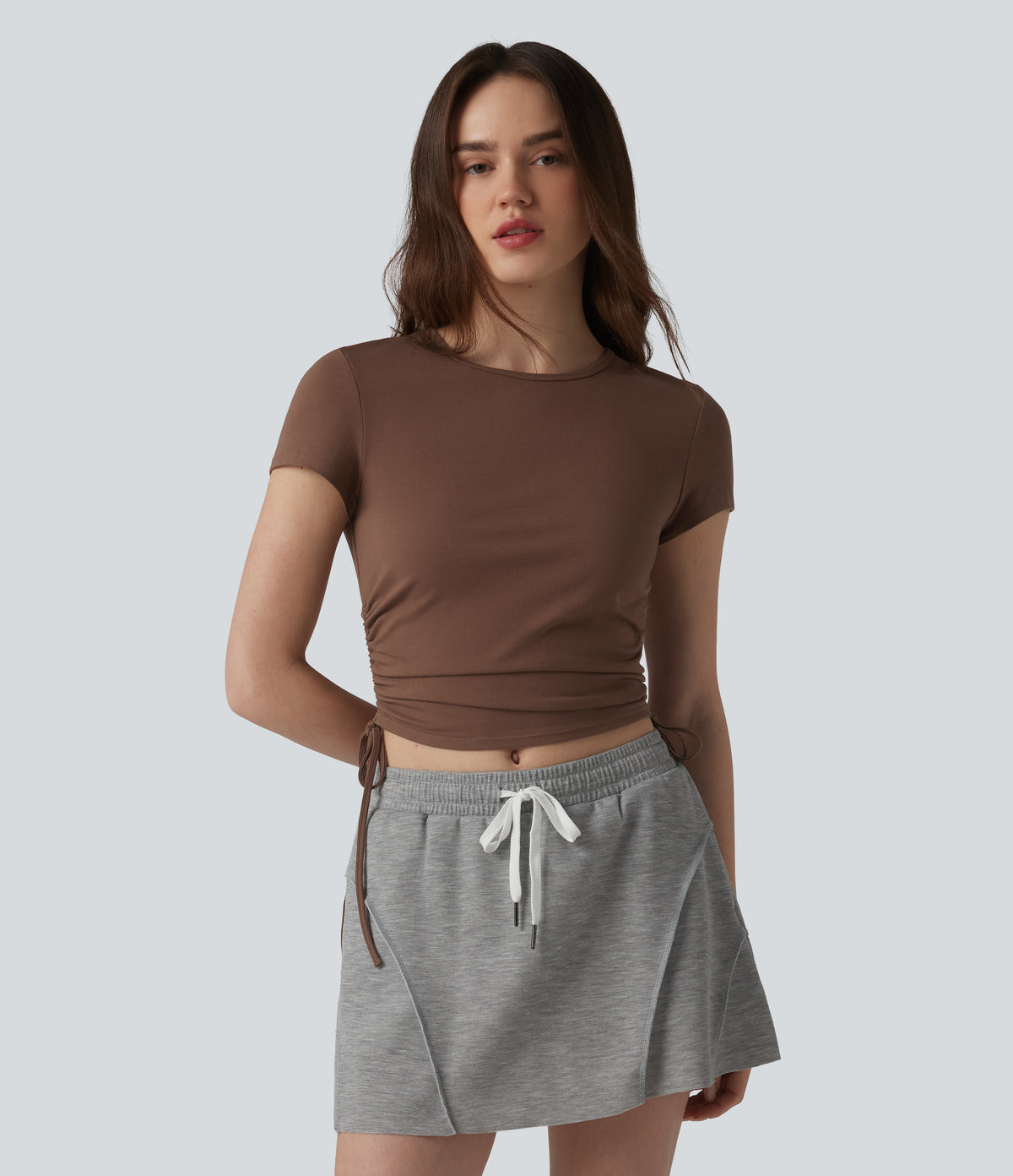 Cotton Jersey Round Neck Drawstring Ruched Keyhole Back Casual T-Shirt — Pinecone — view 2