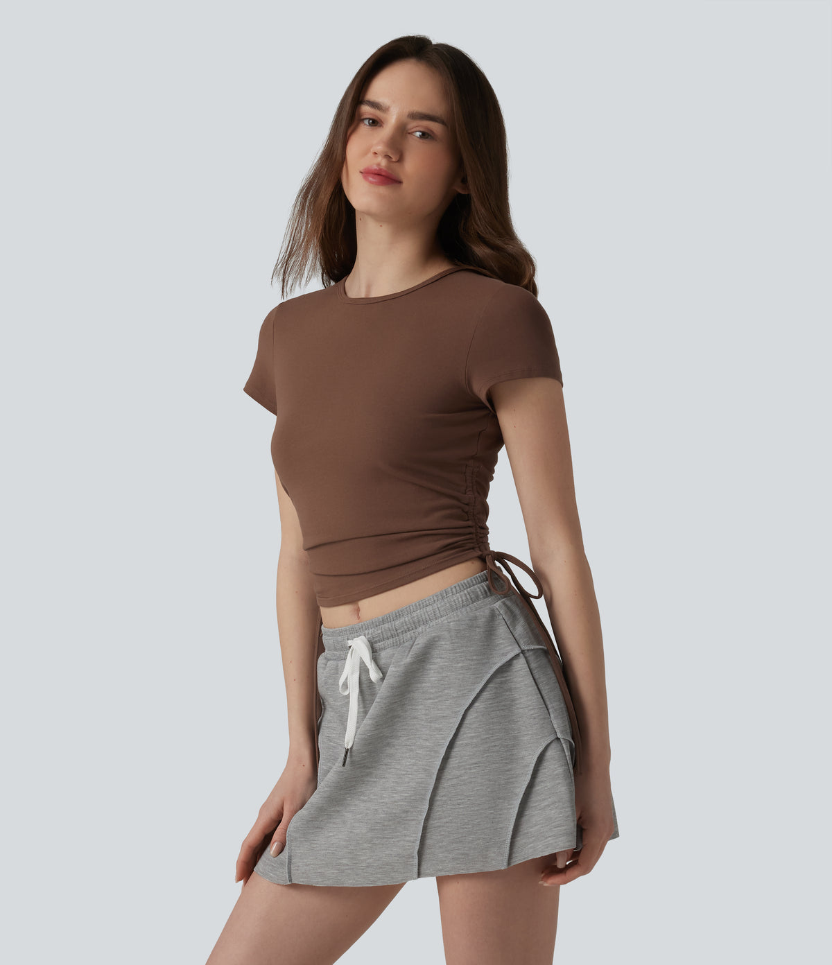 Cotton Jersey Round Neck Drawstring Ruched Keyhole Back Casual T-Shirt — Pinecone — view 3