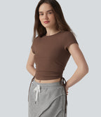 Cotton Jersey Round Neck Drawstring Ruched Keyhole Back Casual T-Shirt — Pinecone — view 5