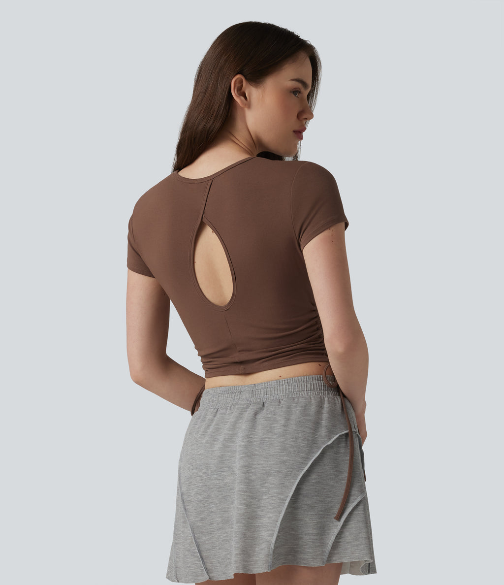 Cotton Jersey Round Neck Drawstring Ruched Keyhole Back Casual T-Shirt — Pinecone — view 4