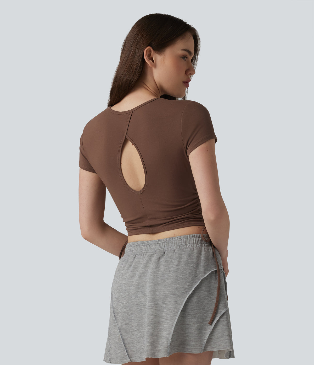 Cotton Jersey Round Neck Drawstring Ruched Keyhole Back Casual T-Shirt — Pinecone — view 4