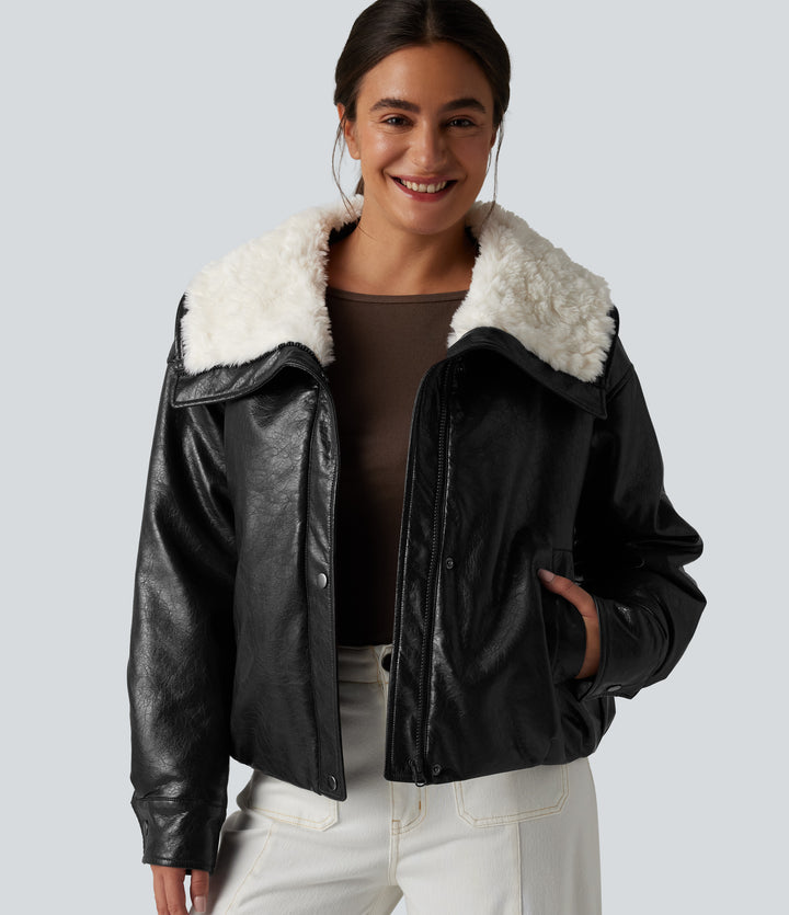 Faux Fur Collar Zip Fly Casual Faux Leather Jacket with Pockets — Black — view 1