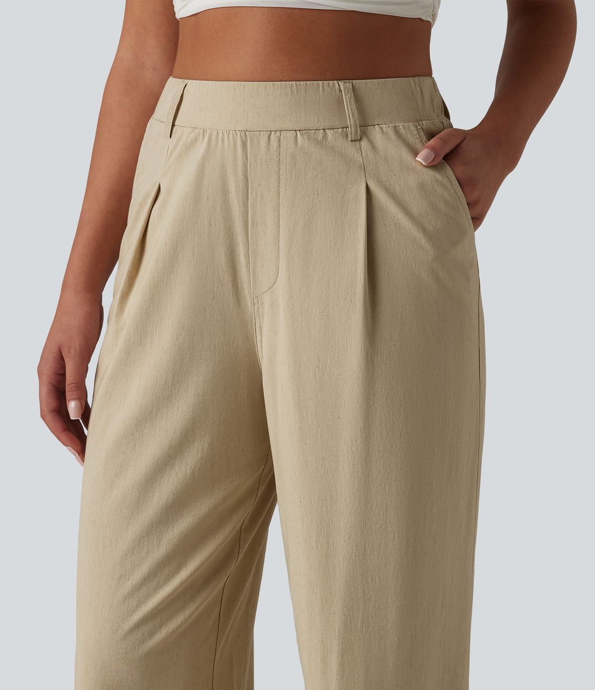 High Waisted Straight Leg Casual Stretch Linen Trousers with Pockets — Oatfield Cream — view 4