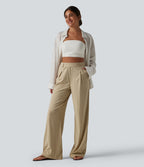 High Waisted Straight Leg Casual Stretch Linen Trousers with Pockets — Oatfield Cream — view 7