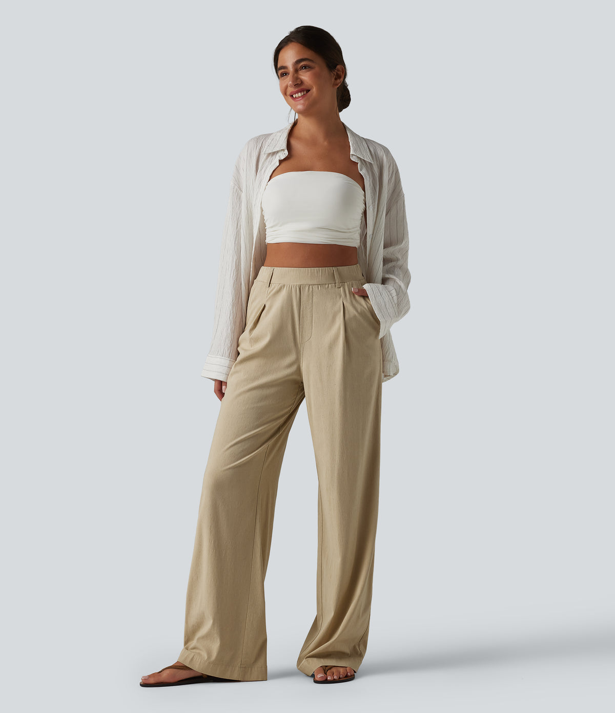 High Waisted Straight Leg Casual Stretch Linen Trousers with Pockets — Oatfield Cream — view 7