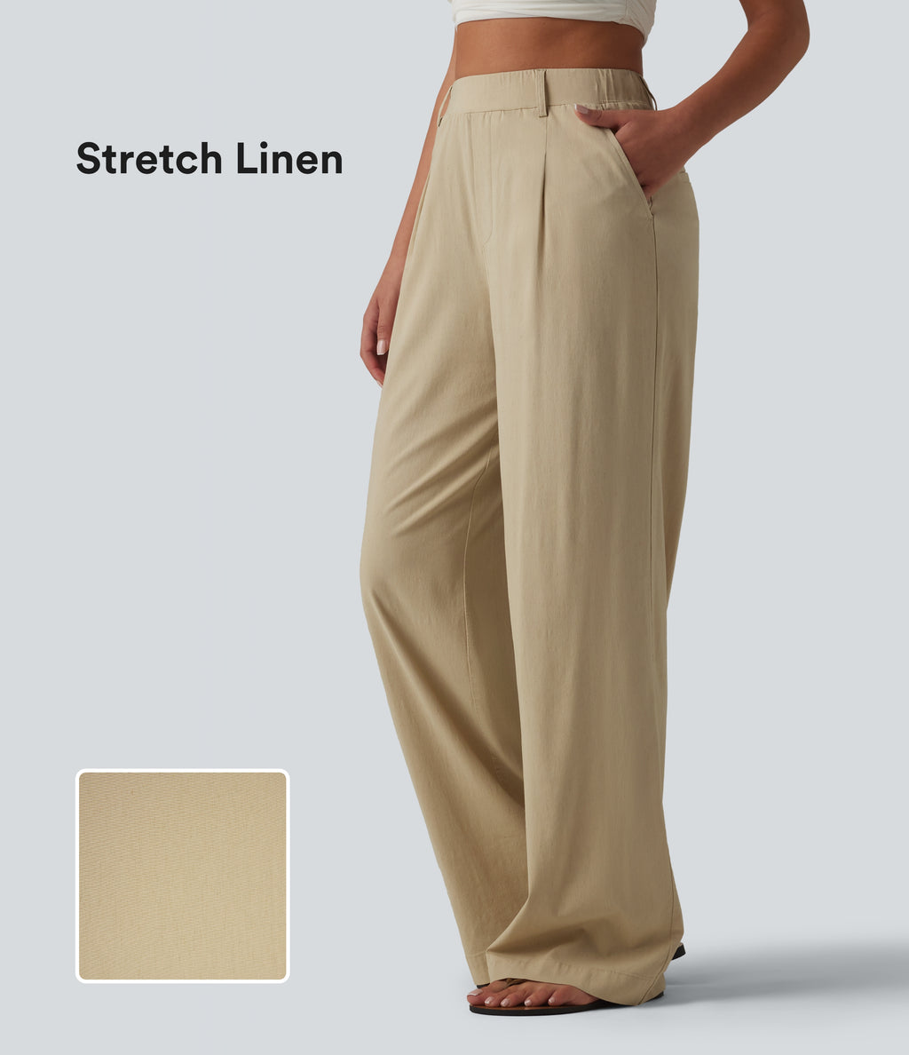 High Waisted Straight Leg Casual Stretch Linen Trousers with Pockets — Oatfield Cream — view 1