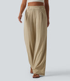 High Waisted Straight Leg Casual Stretch Linen Trousers with Pockets — Oatfield Cream — view 3