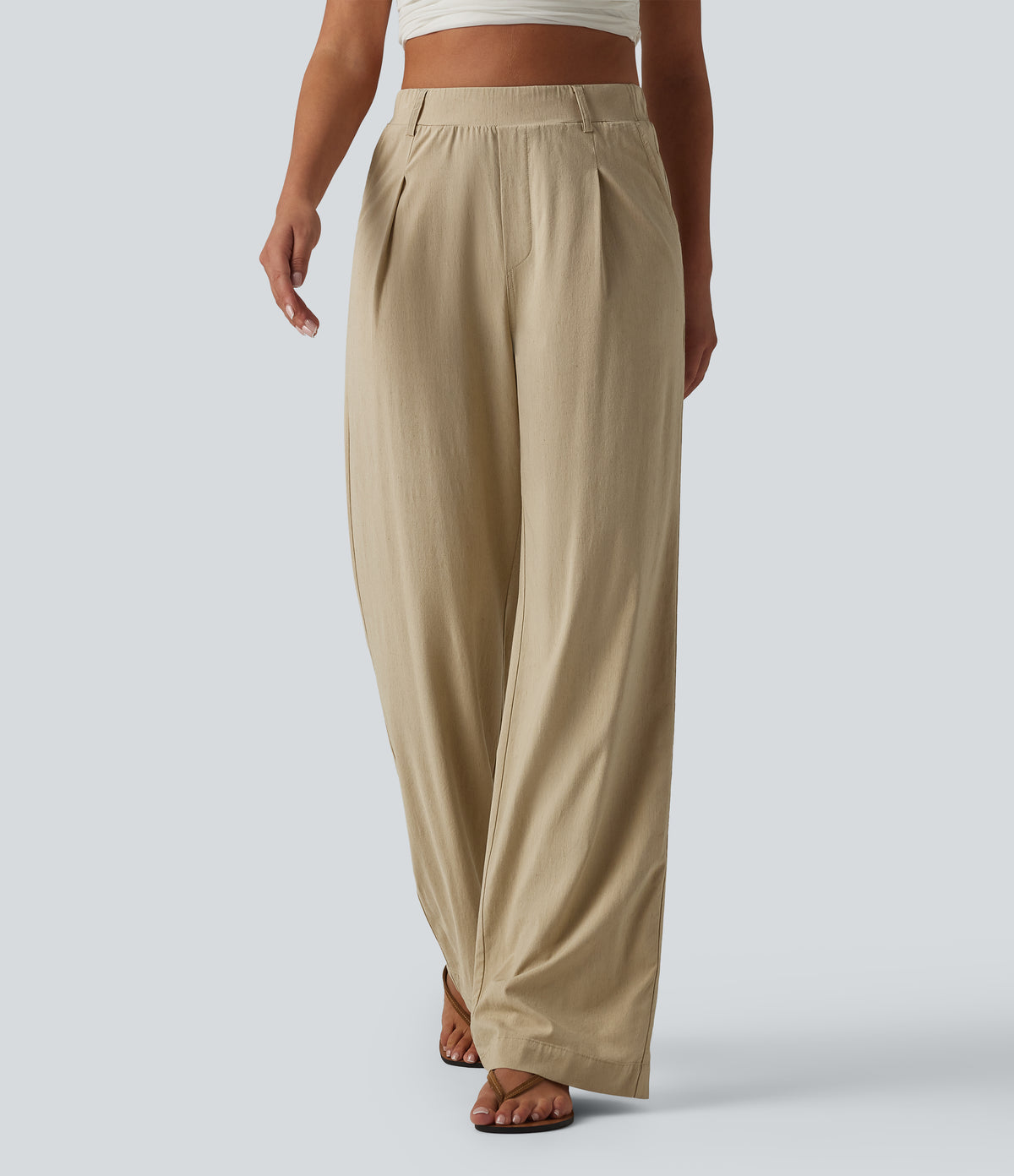 High Waisted Straight Leg Casual Stretch Linen Trousers with Pockets — Oatfield Cream — view 3