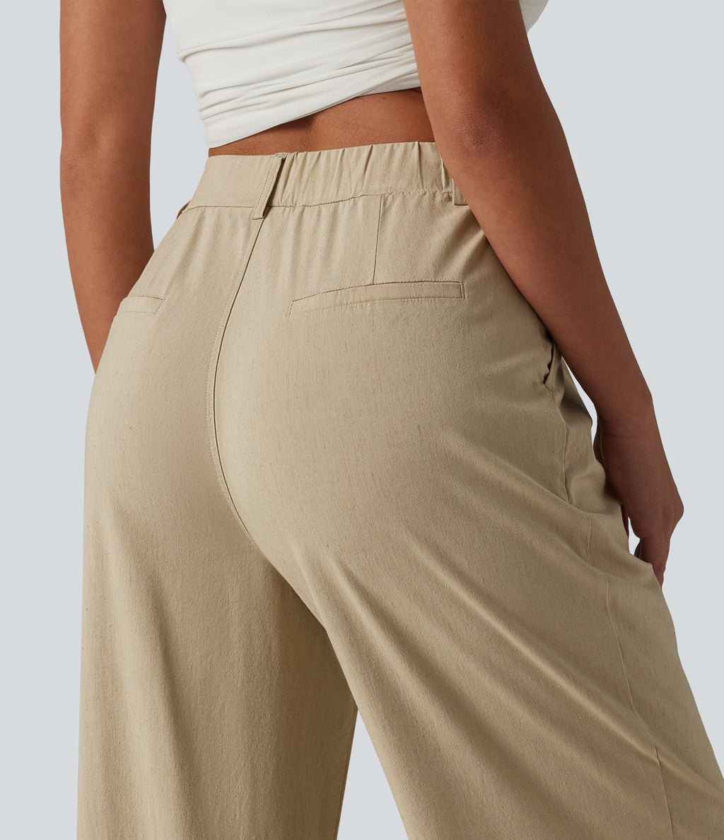 High Waisted Straight Leg Casual Stretch Linen Trousers with Pockets — Oatfield Cream — view 5