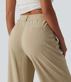 High Waisted Straight Leg Casual Stretch Linen Trousers with Pockets — Oatfield Cream — view 5