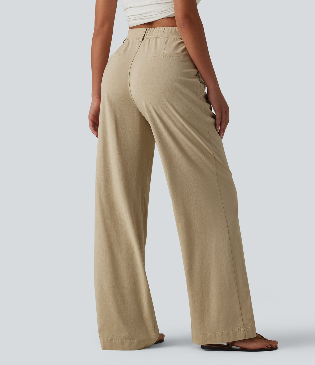 High Waisted Straight Leg Casual Stretch Linen Trousers with Pockets — Oatfield Cream — view 2