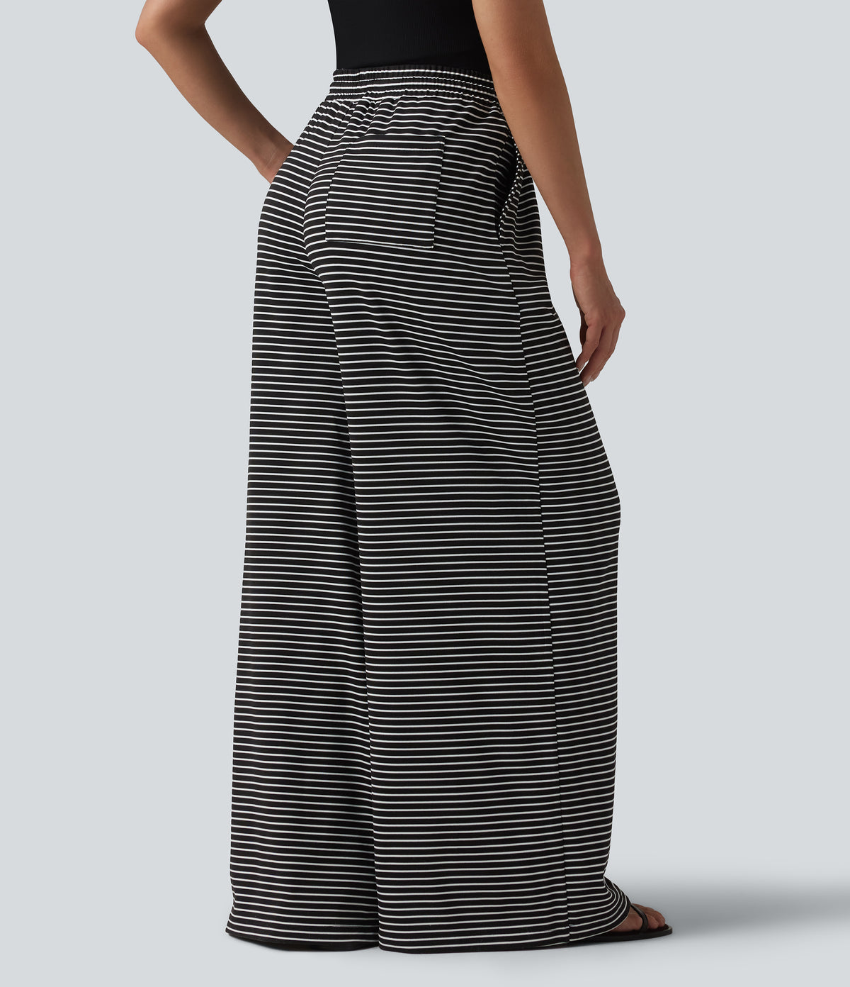 Ribbed Knit Stripes High Waisted Drawstring Casual Baggy Trousers with Pockets — Night Line — view 2