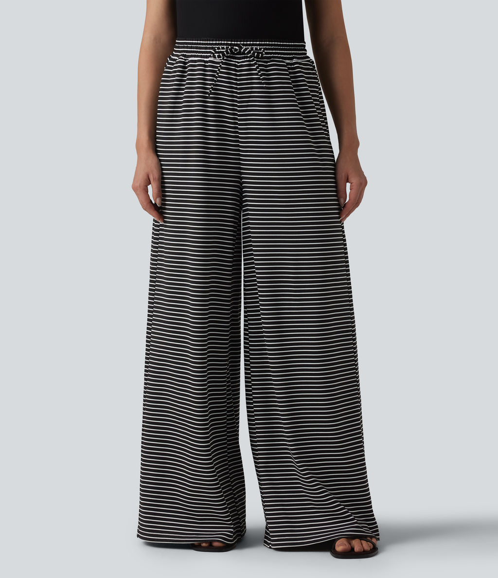 Ribbed Knit Stripes High Waisted Drawstring Casual Baggy Trousers with Pockets — Night Line — view 3