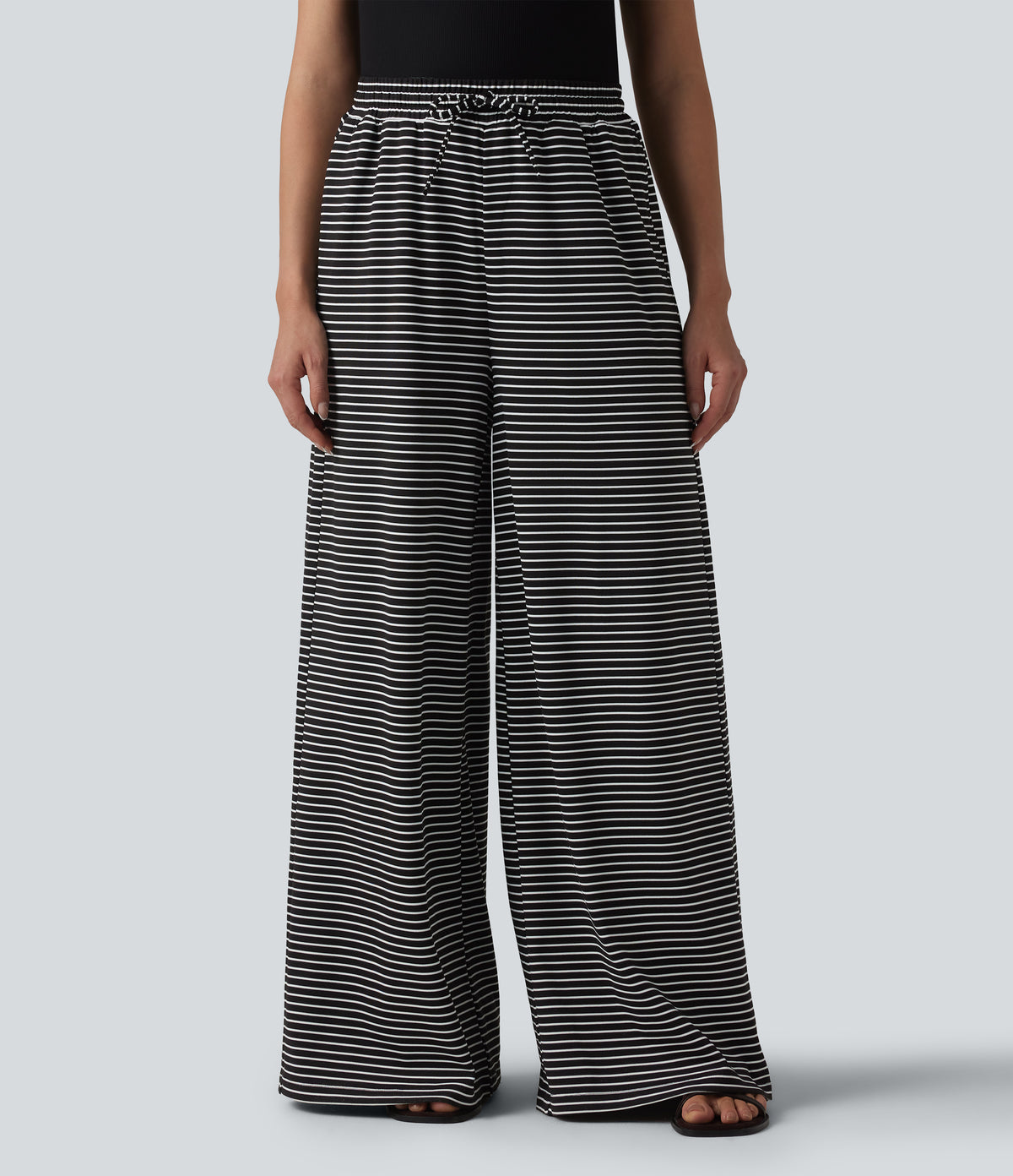 Ribbed Knit Stripes High Waisted Drawstring Casual Baggy Trousers with Pockets — Night Line — view 3
