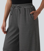 Ribbed Knit Stripes High Waisted Drawstring Casual Baggy Trousers with Pockets — Night Line — view 4
