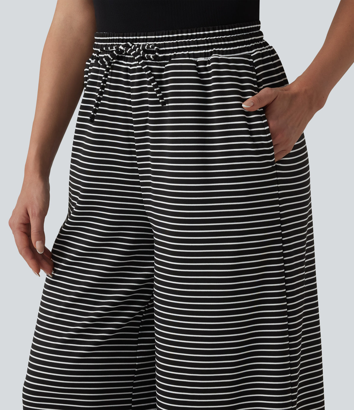 Ribbed Knit Stripes High Waisted Drawstring Casual Baggy Trousers with Pockets — Night Line — view 4
