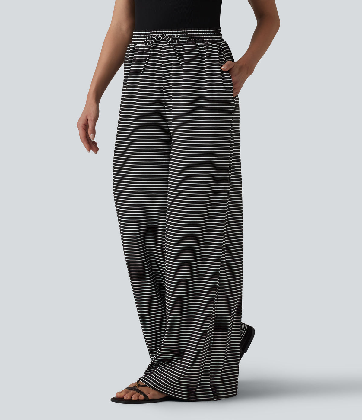 Ribbed Knit Stripes High Waisted Drawstring Casual Baggy Trousers with Pockets — Night Line — view 1