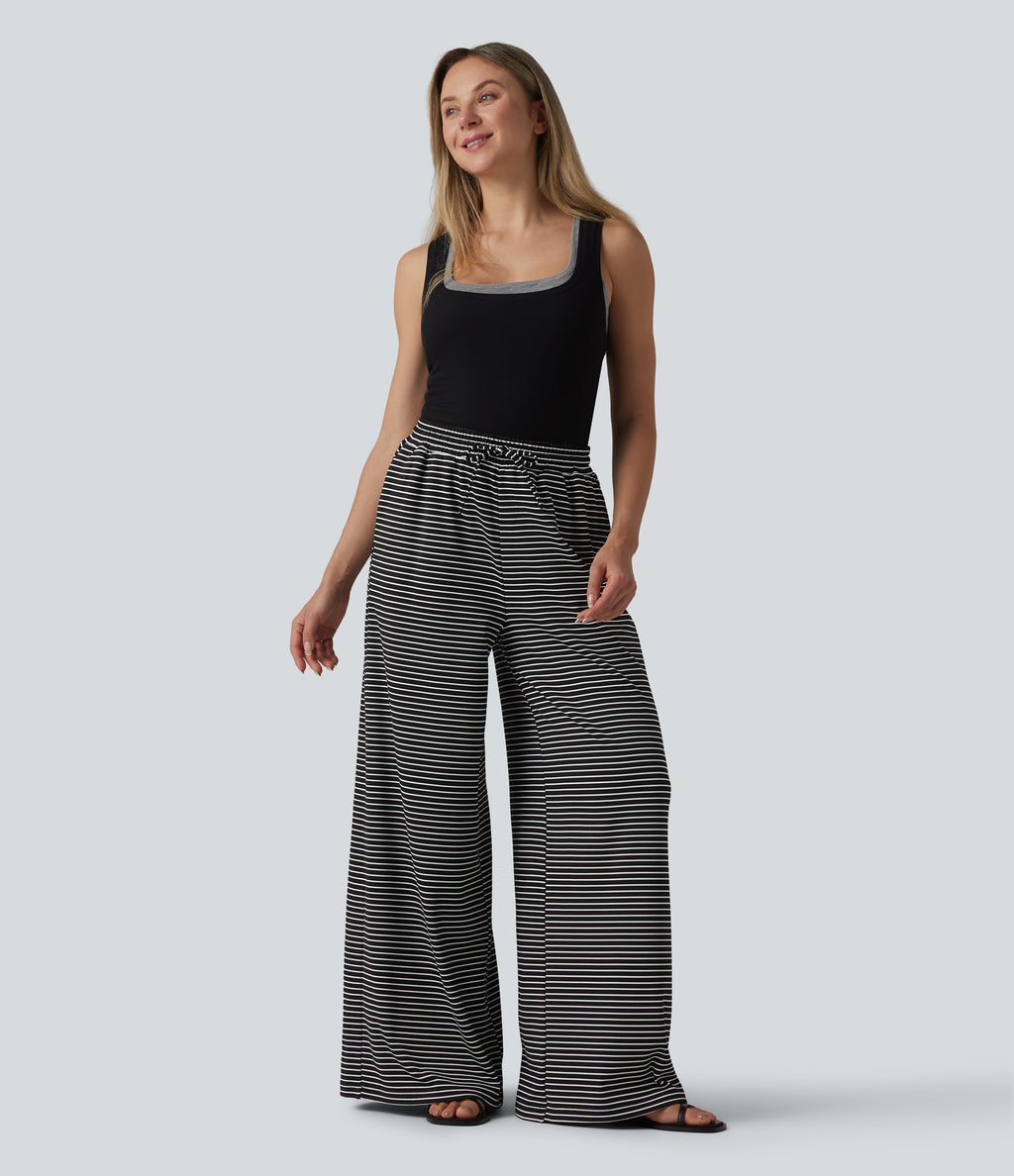 Ribbed Knit Stripes High Waisted Drawstring Casual Baggy Trousers with Pockets — Night Line — view 6