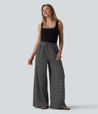 Ribbed Knit Stripes High Waisted Drawstring Casual Baggy Trousers with Pockets — Night Line — view 6