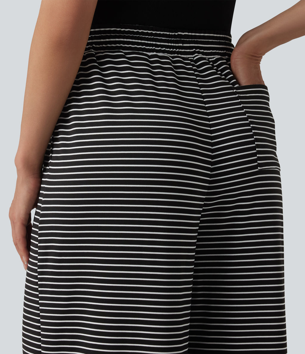 Ribbed Knit Stripes High Waisted Drawstring Casual Baggy Trousers with Pockets — Night Line — view 5