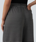 Ribbed Knit Stripes High Waisted Drawstring Casual Baggy Trousers with Pockets — Night Line — view 5