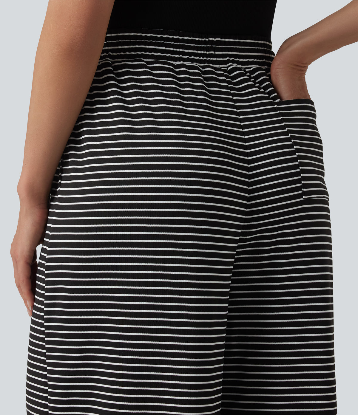Ribbed Knit Stripes High Waisted Drawstring Casual Baggy Trousers with Pockets — Night Line — view 5