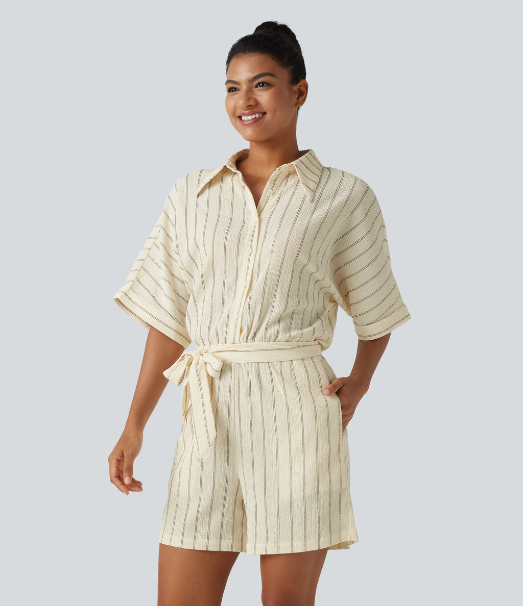 Collar Batwing Sleeve Tie Stripes Casual Playsuit with Pockets — Cream Dual Stripe — view 3