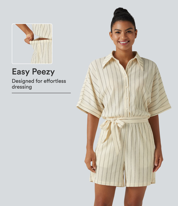 Collar Batwing Sleeve Tie Stripes Casual Playsuit with Pockets — Cream Dual Stripe — view 1