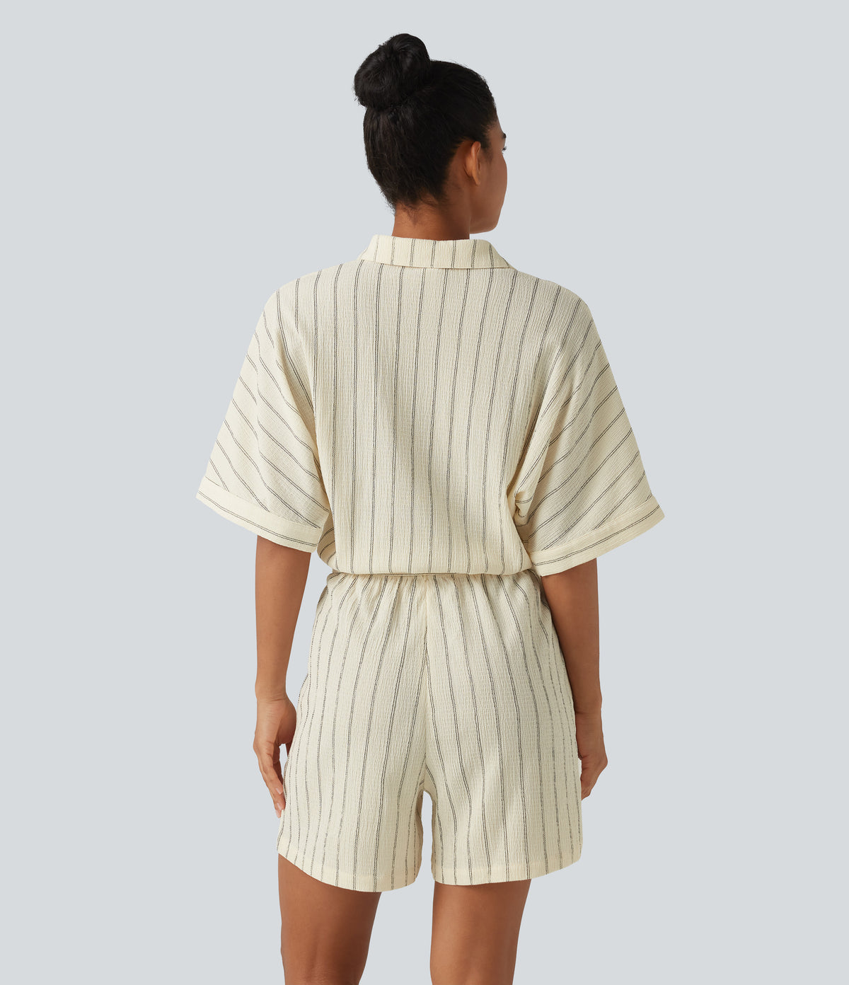 Collar Batwing Sleeve Tie Stripes Casual Playsuit with Pockets — Cream Dual Stripe — view 2