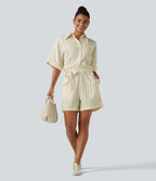 Collar Batwing Sleeve Tie Stripes Casual Playsuit with Pockets — Cream Dual Stripe — view 7