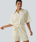 Collar Batwing Sleeve Tie Stripes Casual Playsuit with Pockets — Cream Dual Stripe — view 5