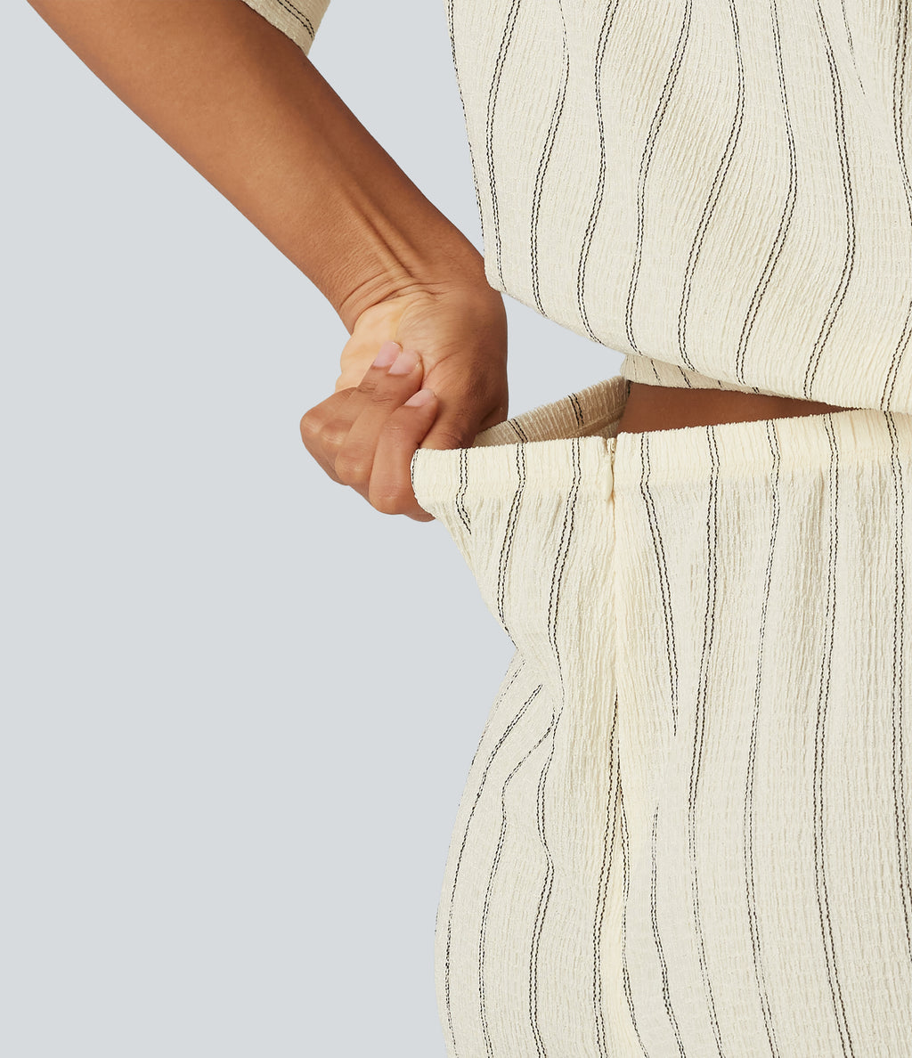 Collar Batwing Sleeve Tie Stripes Casual Playsuit with Pockets — Cream Dual Stripe — view 4