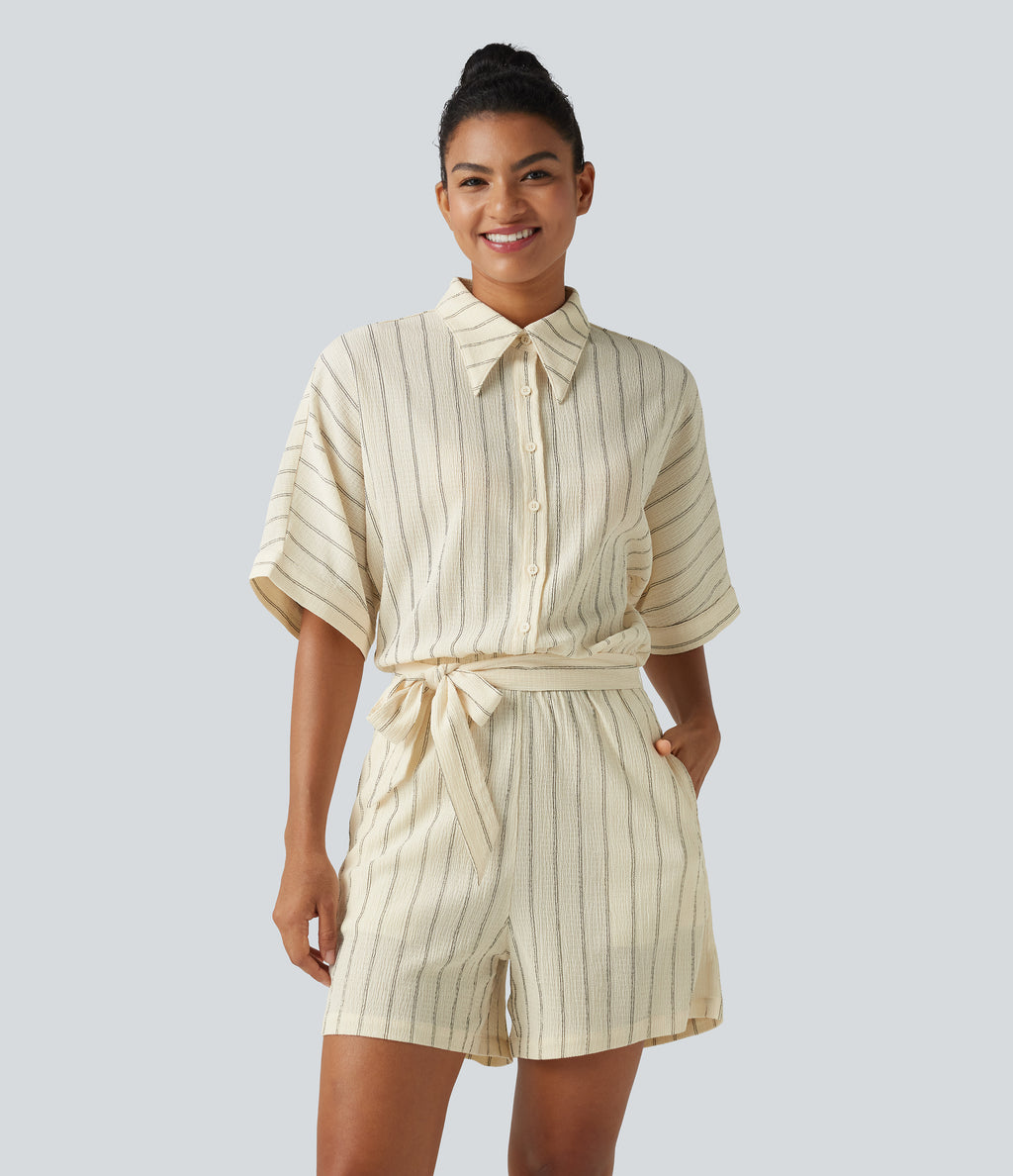 Collar Batwing Sleeve Tie Stripes Casual Playsuit with Pockets — Cream Dual Stripe — view 6