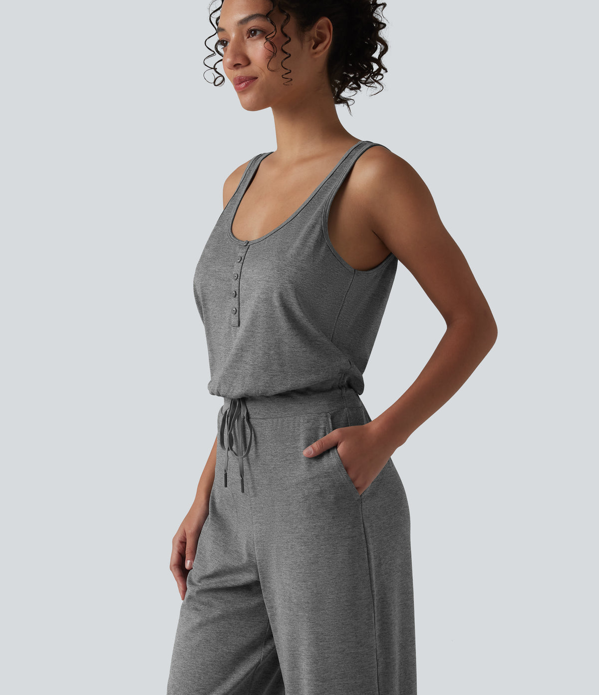 Heathered U-Neck Sleeveless Quick Dry Yoga Jumpsuit with Pockets — Light Grey Mélange — view 5