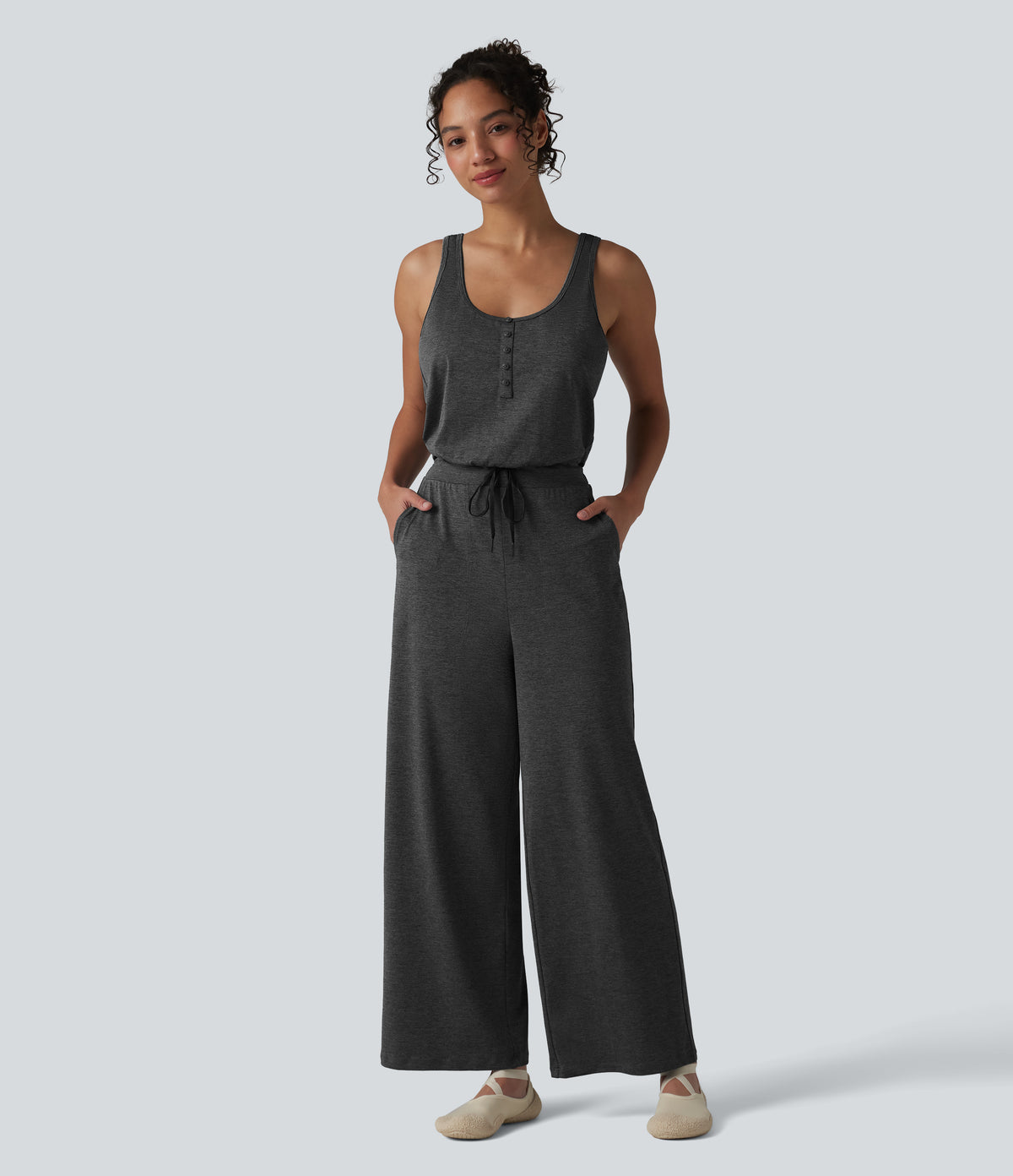Heathered U-Neck Sleeveless Quick Dry Yoga Jumpsuit with Pockets — Shadow Charcoal — view 8