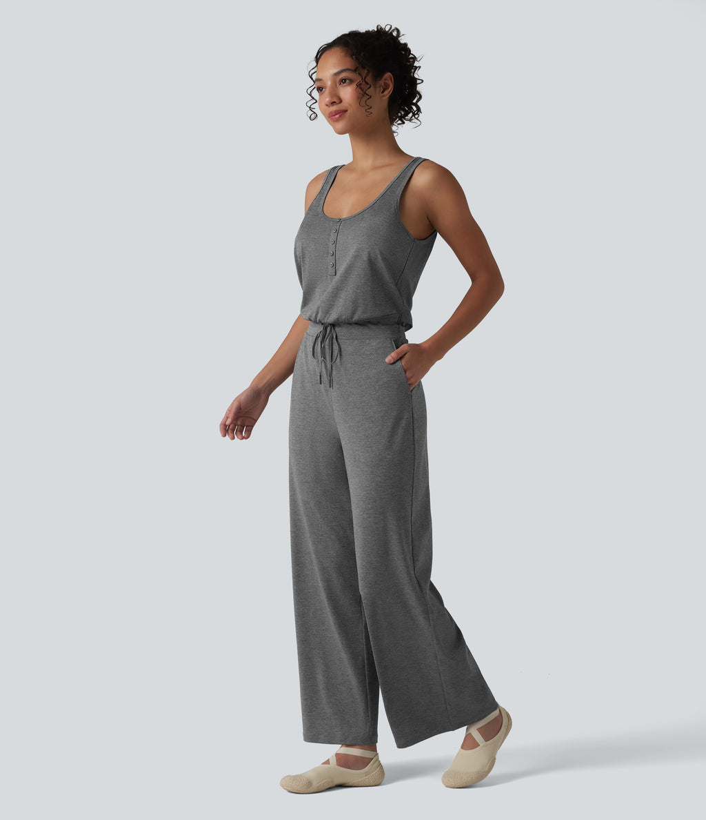 Heathered U-Neck Sleeveless Quick Dry Yoga Jumpsuit with Pockets — Light Grey Mélange — view 3
