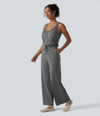 Heathered U-Neck Sleeveless Quick Dry Yoga Jumpsuit with Pockets — Light Grey Mélange — view 3