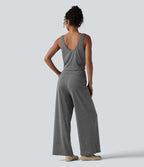 Heathered U-Neck Sleeveless Quick Dry Yoga Jumpsuit with Pockets — Light Grey Mélange — view 2