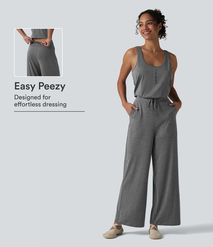 Heathered U-Neck Sleeveless Quick Dry Yoga Jumpsuit with Pockets — Light Grey Mélange — view 1