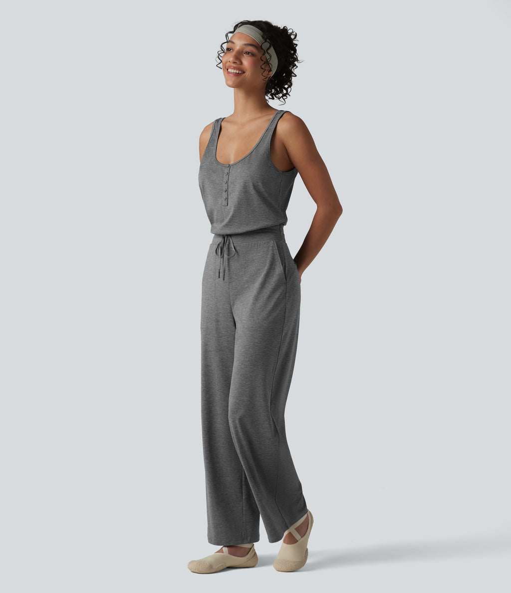 Heathered U-Neck Sleeveless Quick Dry Yoga Jumpsuit with Pockets — Light Grey Mélange — view 6