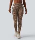 Leopard Print High Waisted Tummy Control Butt Lifting Color Block Stripes Training 7/8 Leggings with Pockets — Tan Leopard — view 3