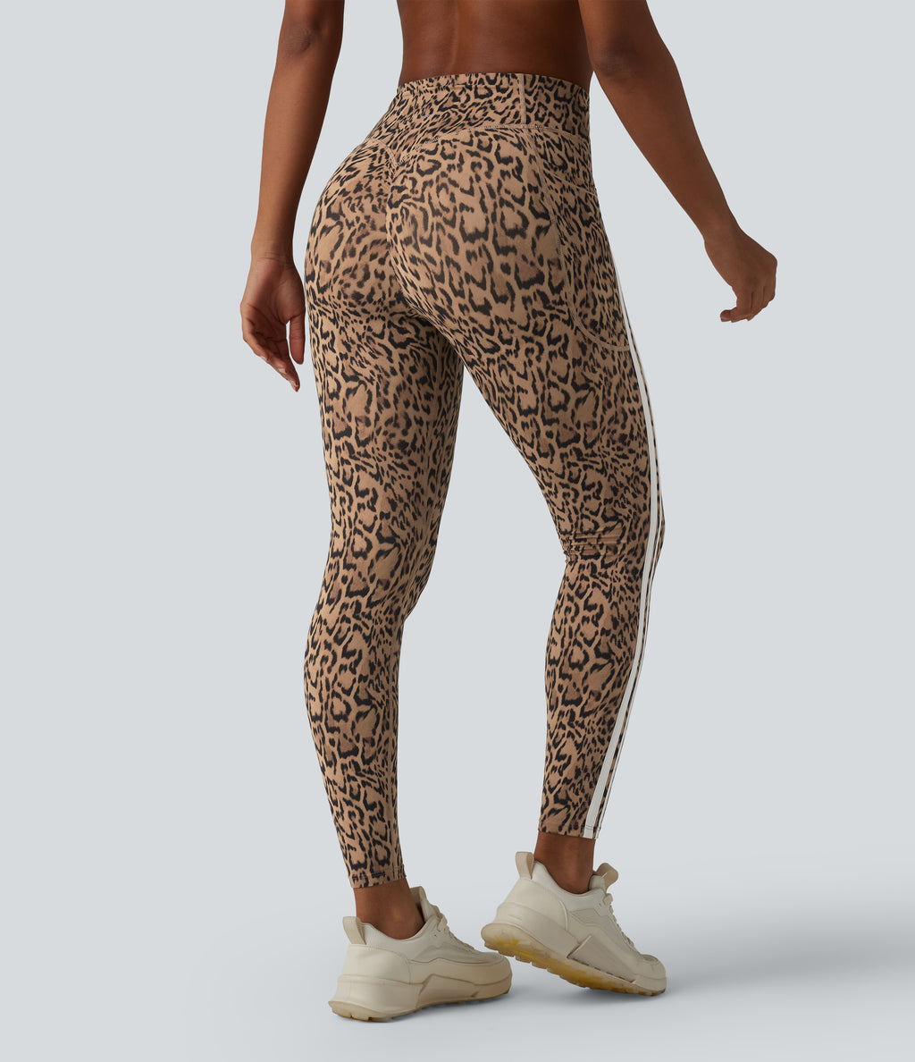 Leopard Print High Waisted Tummy Control Butt Lifting Color Block Stripes Training 7/8 Leggings with Pockets — Tan Leopard — view 2