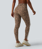 Leopard Print High Waisted Tummy Control Butt Lifting Color Block Stripes Training 7/8 Leggings with Pockets — Tan Leopard — view 2